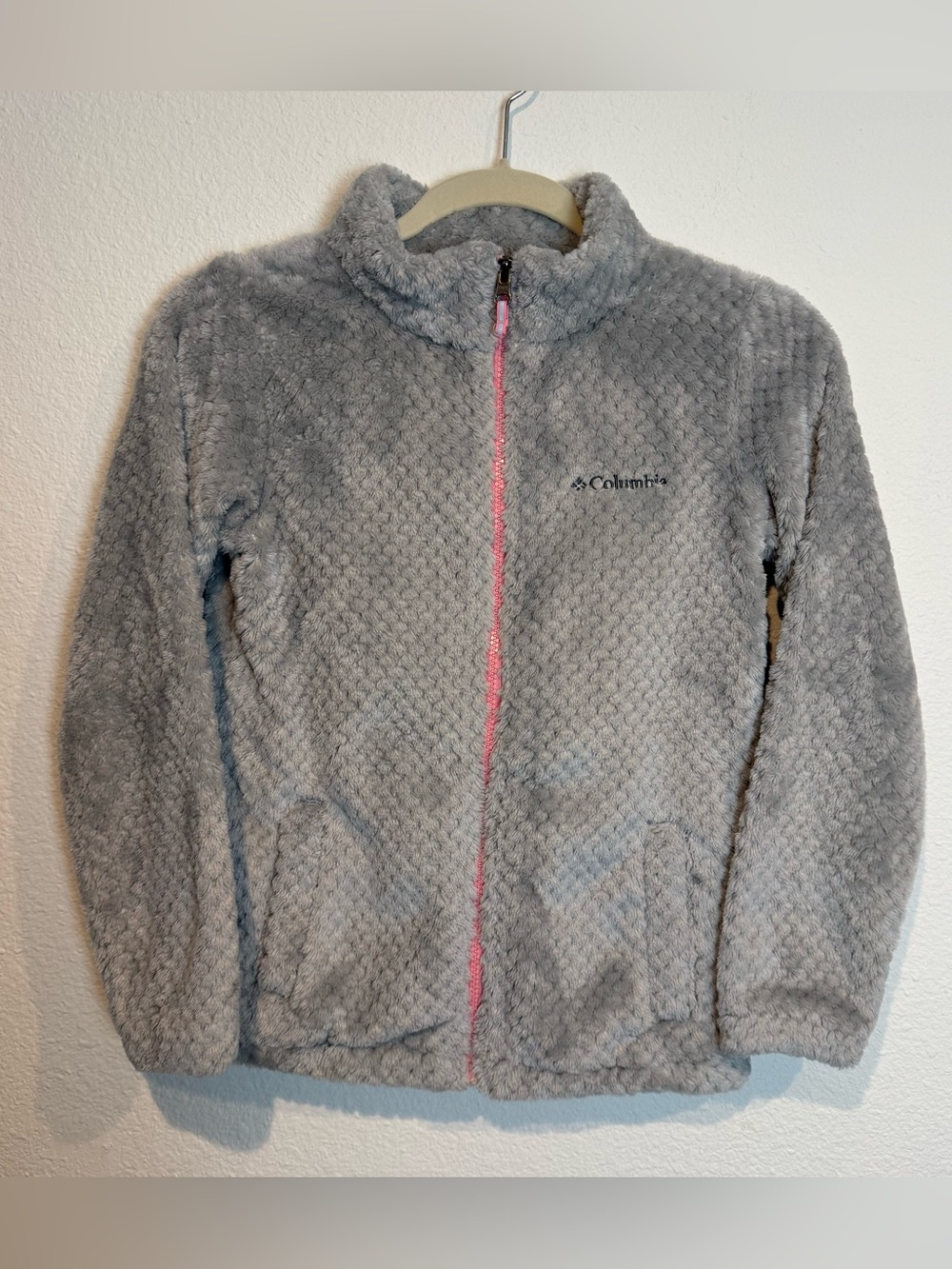 Columbia Girls Fire Side Sherpa Jacket Gray Pink Girls M 10-12 Full-Zip Soft